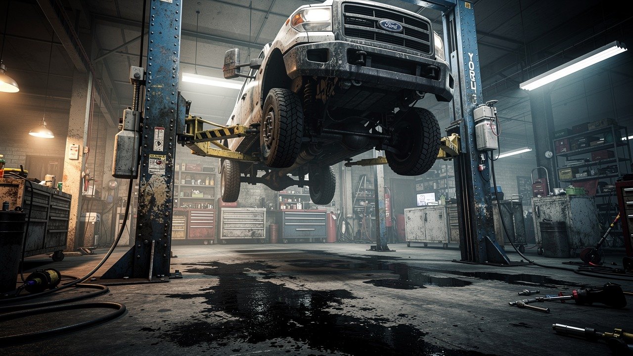 Professional 2-post car lift in automotive shop